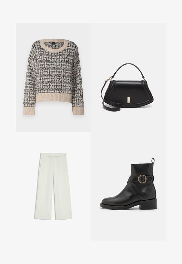 Suéter de color beige y negro con un patrón, cuello redondo, mangas largas y bajo acanalado. Presenta un diseño geométrico con una textura suave.; Pantalones de pierna ancha en tejido crema claro, con bolsillos laterales, frontales lisos y un cierre de botón único en la cintura. Textura suave.; BOSS IRYNA BOOTIE - Botines con plataforma - black; Bolso de mano de cuero negro con un diseño estructurado, que presenta una forma recortada, asa superior y acentos en dorado. Correa de hombro ajustable incluida.