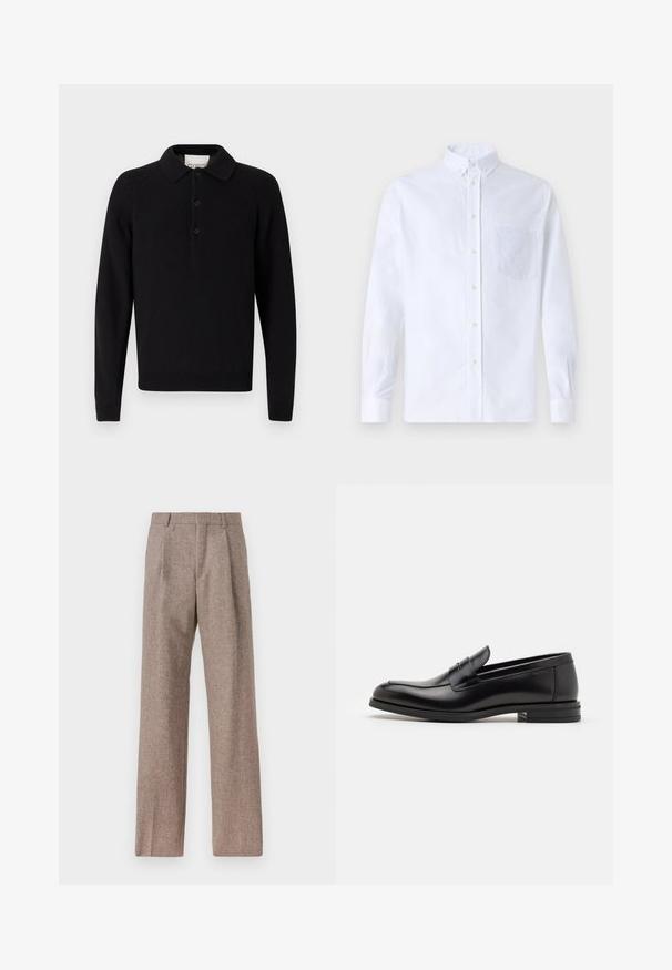 Polo shirt nera a maniche lunghe realizzata in tessuto a maglia, con colletto classico, patta con tre bottoni e polsini e orlo a costine.; Camicia bianca a maniche lunghe con bottoni, realizzata in cotone, caratterizzata da una tasca sul petto con ricamo tonale, colletto e polsini con bottoni.; Pantaloni marroni a vita alta realizzati in tessuto testurizzato. Presentano gambe ampie e due pieghe frontali per struttura. Rifinitura curata senza hardware visibile.; Mocassini neri in pelle con una texture liscia, punta arrotondata e una striscia decorativa sulla tomaia. Tacco basso impilato, design minimalista.