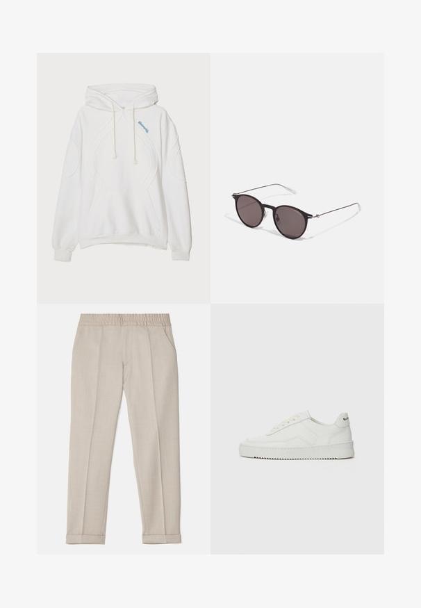 Bílé mikina s kapucí a texturovaným designem, obsahující přední kapsu, šňůrku na kapuci a světle modré kontrastní stehy na hrudi.; Filippa K TERRY CROPPED TROUSERS - Kalhoty - sage melange; Bílé kožené tenisky s hladkým povrchem, kulatou špičkou, plochými tkaničkami a texturovanou podrážkou. Na patě se nachází nenápadné logo.; Černé kulaté sluneční brýle s tmavými skly a tenkými kovovými nohami. Obsahují průhledné koncovky nožiček a stříbrné akcenty na pantu. Minimalistický design.