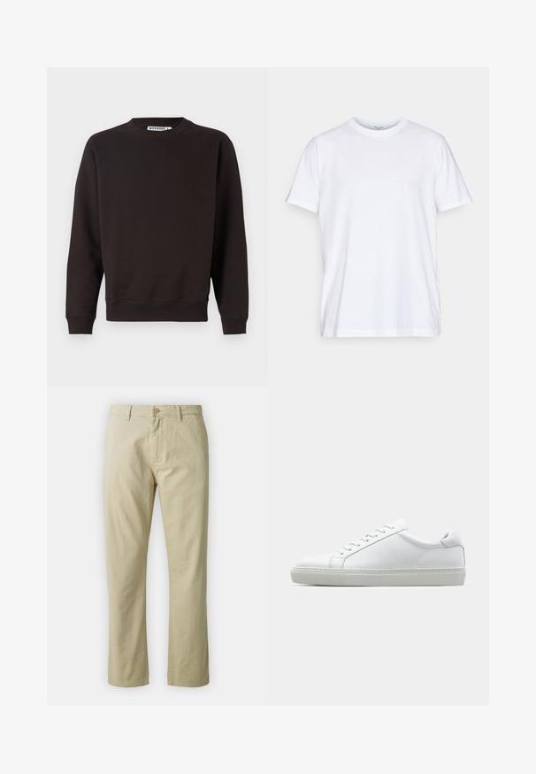 Tmavohnedá mikina, okrúhly výstrih, dlhé rukávy, rebrované manžety a lem, hladká textúra, bez viditeľných vzorov alebo grafiky.; Biela bavlnená tričko s krátkymi rukávmi, okrúhlym výstrihom a voľným strihom. Má minimalistický dizajn, bez vzorov alebo akcentov.; Béžové bavlnené nohavice so strihaťou rovného strihu, predným zapínaním na gombík a pútkami na opasok. Hladká textura, bez viditeľných vzorov alebo akcentov.; Biele tenisky s hladkým koženým zvrškom a nízkym profilom. Majú zaoblenú špičku, šesť očiek a štruktúrovanú gumovú podrážku.