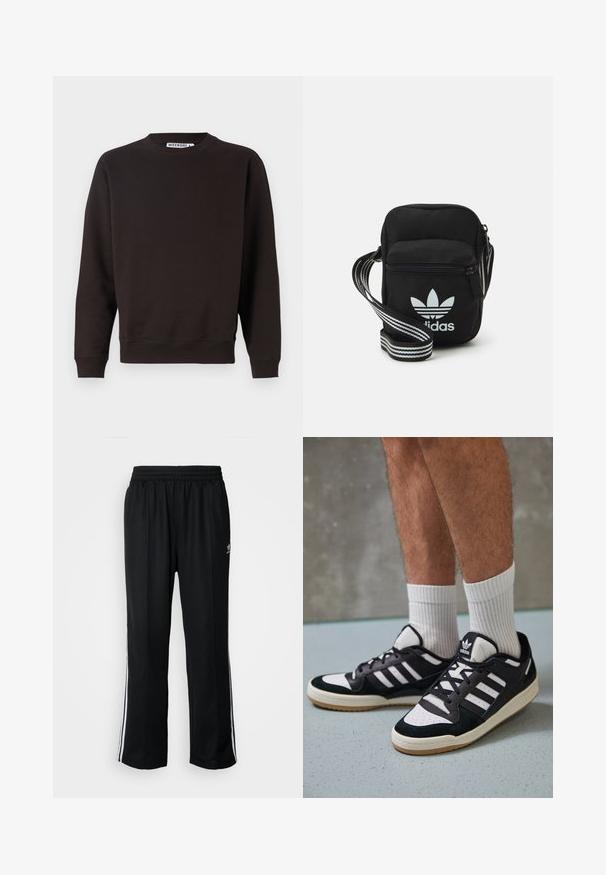 Donkerbruine sweatshirt, ronde hals, lange mouwen, ribgebreide manchetten en onderrand, gladde textuur, geen zichtbare patronen of afbeeldingen.; Zwarte sportbroeken met een elastische tailleband, voorzien van witte zijkanten en een klein logo. Het materiaal lijkt zacht en lichtgewicht te zijn.; Zwart-witte sneakers met een bovenwerk van suede en leer, voorzien van drie witte strepen, een geperforeerde neus en een rubberen gumzool.; Zwarte stoffen schoudertas met een ritssluiting, voorzien van een wit Adidas-logo en een gestreepte, verstelbare schouderband voor gemakkelijk dragen.