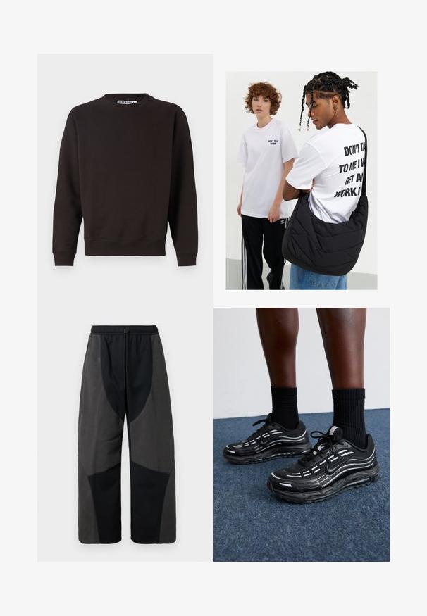 Donkerbruine sweatshirt, ronde hals, lange mouwen, ribgebreide manchetten en onderrand, gladde textuur, geen zichtbare patronen of afbeeldingen.; Zwarte broek met fleece-accenten en een ontspannen pasvorm, voorzien van contrasterende donkergrijze stofpanelen en een verstelbare trekkoord in de taille.; Zwarte Nike-schoenen hebben een bovenwerk van mesh met accentstreepjes, getextureerde veters en een zwarte rubberen zool. Draag ze met zwarte geribde sokken.; Zwarte, gewatteerde schoudertas met een zachte textuur, gedragen door een persoon in een wit T-shirt met een grafisch ontwerp en vette tekst. Casual outfit met denim.