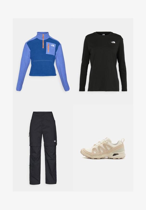 Flis pulover v temno modri in svetlo modri barvi s polovičnim zadrgo, visokim ovratom in žepom na prsih, ki ima oranžne zadrge in logotip.; Črna majica z dolgimi rokavi iz bombaža z okroglo izrezom. Ima majhen bel logotip na levem prsnem delu. Enostaven dizajn in prileganje.; Črne najlon hlače z zipom, ki se lahko odstranijo, s prilagodljivimi manšetami, več žepi in logotipom na desni nogi. Gladka, lahka tekstura.; Bež in krem športni čevlji z teksturiranim mrežastim zgornjim delom, podpornimi prekrivali in gumijastim podplatom z vzorcem za oprijem.