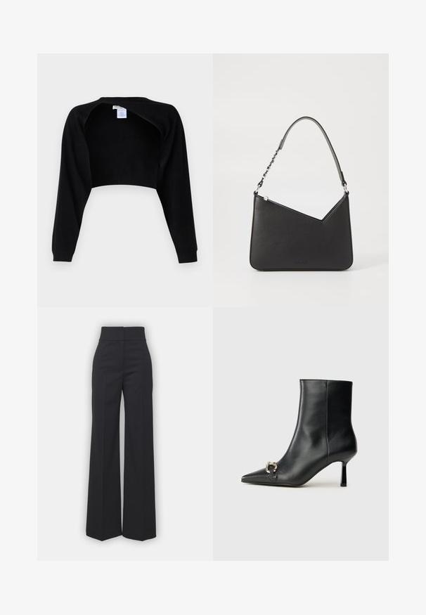 pure cashmere BOLERO TWO-WAY - Pulover - black; Široke hlače iz črnega blaga z visokim pasom, s čisto obdelavo in gladko teksturo. Brez vidnih dodatkov ali vzorcev.; Črne usnjene gležnjarje s koničastim nosom, ozkim srednjem petam in srebrno zaponko na strani na enobarvni podlagi.; Črna usnjena torbica s trikotno obliko, ozkim trakom in srebrnimi dodatki. Ima zadrgo in vtisnjen logotip spredaj.