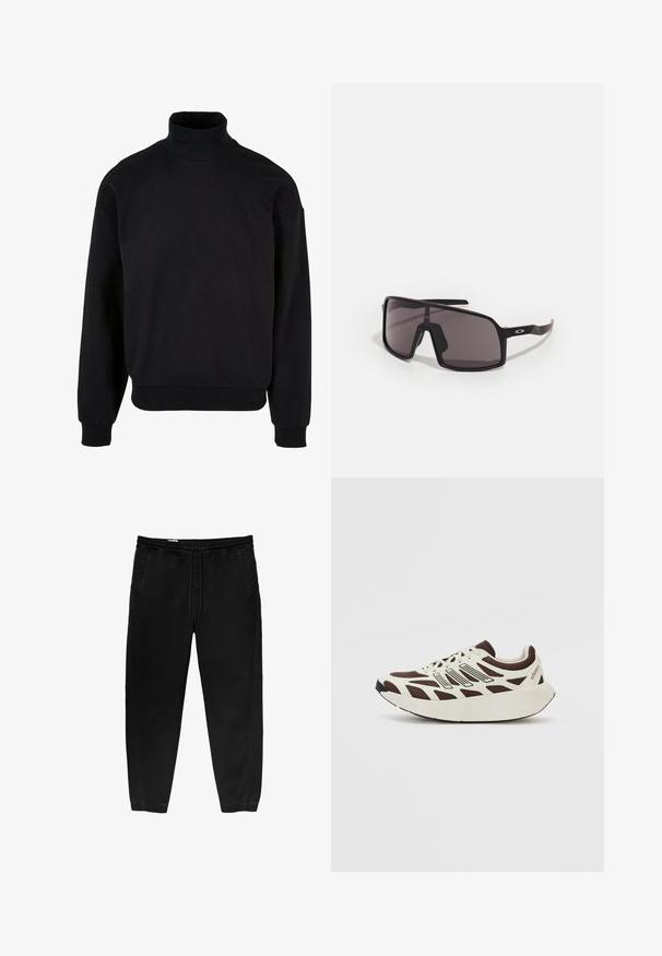 Černá roláková mikina s volným střihem, dlouhými rukávy a žebrovanými manžetami. Vyrobena z měkké, strukturované tkaniny.; Černé kalhoty s elastickým pasem a stahovací šňůrkou, se zúženými nohavicemi, bočními kapsami a jemnými detaily bočního šití. Měkká textilie z bavlny.; Hnědé a krémové tenisky s prodyšným svrškem, texturovanými prvky a zaoblenou, silnou bílou podrážkou. Mají nízký jazyk a tkaničky.; Černé obdélníkové sluneční brýle s tmavými čočkami, širokým rámem a štíhlými černými bočnicemi. Na spáncích mají logo. Hladký povrch.