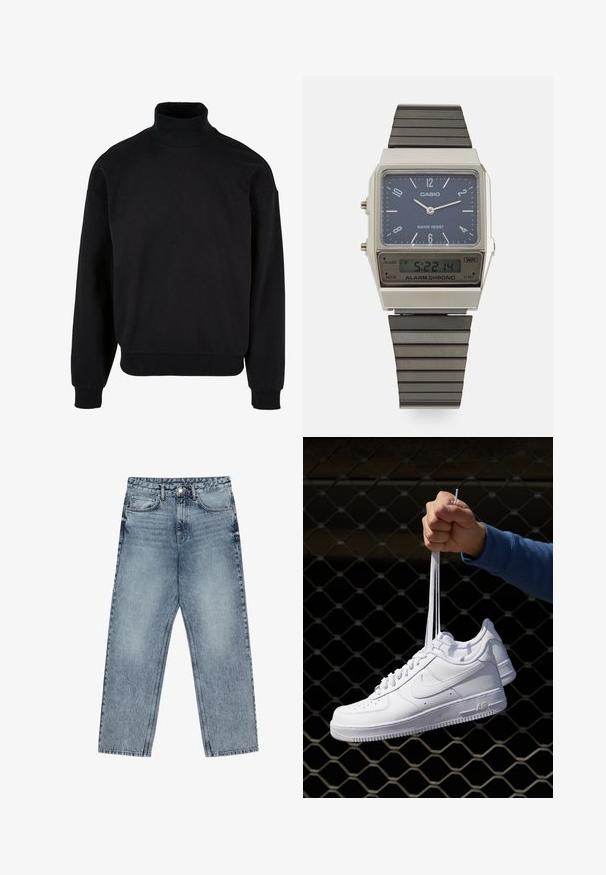 Čierna roláková mikina s uvoľneným strihom, dlhými rukávmi a rebrovanými manžetami. Vyrobená z mäkkej, štruktúrovanej tkaniny.; Svetlomodré džíny s rovnými nohavicami, viditeľným prešívaním, dizajnom s piatimi vreckami a zapínaním na gombík v oblasti pása.; Biele kožené tenisky s perforáciami, okrúhlou špičkou, plochou podrážkou a hrubými šnúrkami, pričom majú viditeľné logo swoosh a nápis "AIR" na päte.; Digitálny hodinky Casio s modrým ciferníkom, strieborným púzdrom a vrstvovou čiernou gumovou remienkom. Zobrazuje čas a nastavenia budíka. Odolné voči vode.