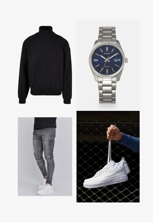 Fekete garbós pulóver, laza szabással, hosszú ujjakkal és bordázott mandzsettákkal. Puha, texturált anyagból készült.; Fakó szürke farmerből készült skinny farmernadrág, térdén kopott részletekkel, fehér sportcipővel párosítva. Simább anyag, karcsú szabás.; Fehér bőr sportcipők perforációval, kerek orral, lapos talppal és vastag fűzőkkel, látható swoosh logóval és "AIR" felirattal a sarokrészen.; Ezüst színű rozsdamentes acél karóránk sötétkék számlapja van, fém óraszámlálókkal és egy dátumablakkal a 3 órás pozícióban. 50 méterig vízálló.