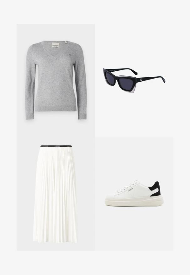 Maglione grigio a V in tessuto morbido, con maniche lunghe e un piccolo logo sul petto. Bordo e polsini a costine.; Gonna bianca plissettata con elastico nero in vita che presenta il logo "LACOSTE". Design di lunghezza media con texture morbida.; Sneaker bianchi in pelle con suola spessa bianca, accento in suede nero sul tallone e logo impresso sul lato. Design con lacci e sei fori per i lacci.; Occhiali da sole oversize neri dalla forma geometrica, con lenti scure e un dettaglio grigio a contrasto sulla montatura. Logo sul braccio.