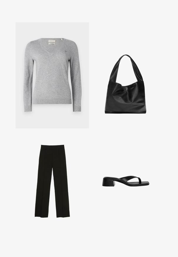 Harmaa V-paita, joka on valmistettu pehmeästä kankaasta ja jossa on pitkät hihat sekä pieni logo yksityiskohtana rinnassa. Rypytetty helma ja hihansuut.; Mustat leveälahkeiset housut, jotka on valmistettu sileästä kankaasta. Niissä on istuva vyötärö ja hienovaraiset etupleatit, jotka lisäävät tekstuuria.; Mustat nahkaiset korkokengät sisältävät thong-tyylisen nauhan, neliön muotoisen varpaan ja matalan lohkon korokkeen. Sujuva pinta minimalistisella tyylillä.; Musta nahkainen olkalaukku, jossa on pehmeä, roikkuva muotoilu, leveät kahvat ja sileä pinta. Ei näkyviä metalliosia tai koristeluja.