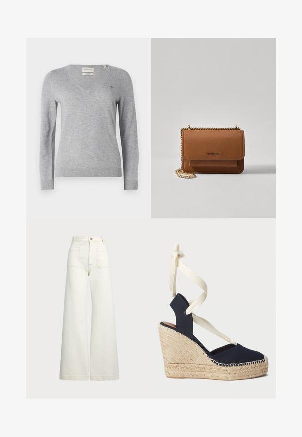 Gray V-neck sweater made of soft fabric, featuring long sleeves and a small logo detail on the chest. Ribbed hem and cuffs.; Wide-leg jeans in off-white denim. High-waisted design with a button closure, two front pockets, and contrast stitching details.; Navy canvas wedge sandal with an espadrille rope outsole and cream ribbon ties at the ankle. Closed heel and round toe design.; Brown textured leather crossbody bag with gold chain strap and flap closure. Front features logo detail and a pocket under the flap.
