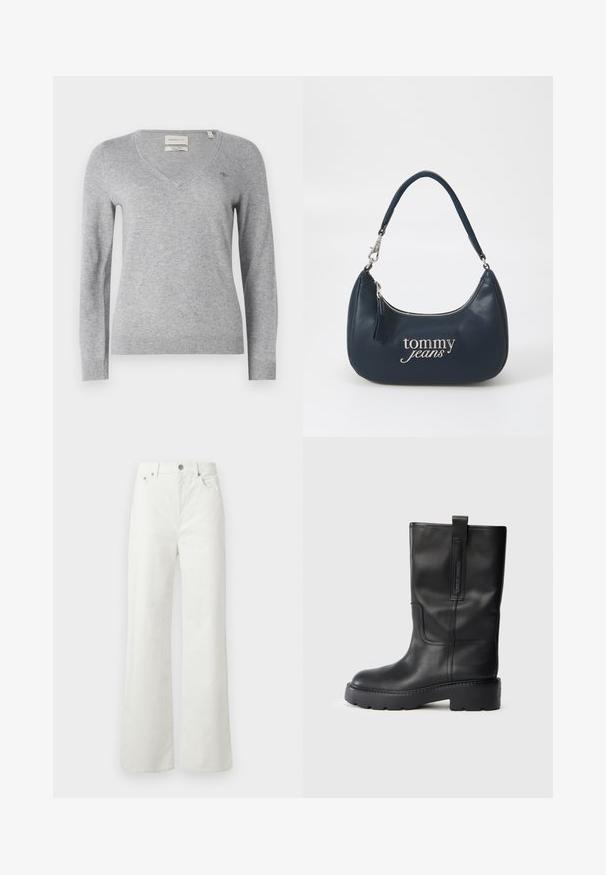 Pelēks V-veida kakla džemperis, izstrādāts no mīkstas auduma, ar garām piedurknēm un nelielu logo detaļu uz krūtīm. Ribotais apakšmalas un piedurkņu gals.; Samsøe Samsøe SHELLY - Brīva piegriezuma džinsi - clear cream; Melnas ādas līdz ceļiem augstas zābaki ar elegantu dizainu, kas iezīmē biezus zole un sānu cilpu, lai ērtāk uzvilktu. Ievērojamas šuvju akcenti.; Jūras zila ādas rokassomiņa ar noapaļotu formu, sudraba rāvējslēdzējs un "tommy jeans" logotips skriptu fontā uz priekšpuses. Īsa rokturi.