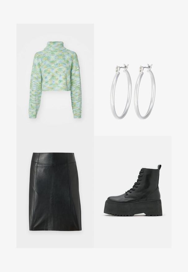 ONLY ONLELOISE CROP ROLLNECK - Pulover - absinthe green; Črna usnjena krilo s prilegajočo zasnovo. Gladka tekstura, šivi, ki obdajajo obliko, in ravna obroba. Minimalističen in eleganten videz.; Črne gležnjarje na debelih podplatih, izdelane iz gladkega usnja, s vezalnim dizajnom in zanka za pomoč pri obuvanju na hrbtni strani.; Srebrni obroči za ušesa z gladko, polirano površino. Okrogla oblika in varna zaponka s klikom. Lahka zasnova, primerna za vsakodnevno nošenje.