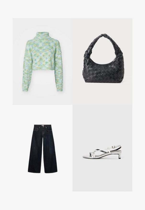 ONLY ONLELOISE CROP ROLLNECK - Maglione - absinthe green; Jeans in denim scuro a gamba larga con vita alta, caratterizzati da cuciture a contrasto, tasche anteriori e un design minimalista.; Sandaletti slingback metallici argento con tacco basso, caratterizzati da cinturini incrociati e una superficie liscia. Design minimalista.; Borsa a spalla intrecciata in pelle nera con manico rotondo e corpo a forma di mezzaluna su sfondo semplice.