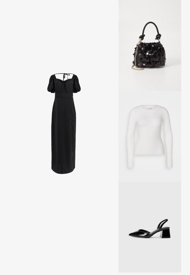 Top lung cu mâneci lungi, alb, cu decolteu rotund. Materialul este neted, având o textură subtilă și un design ajustat. Fără elemente metalice sau modele vizibile.; Rochie neagră de lungime medie, cu mâneci bufante, decolteu pătrat și detaliu cu legare la spate. Fabricată dintr-un material neted, cu un corset ajustat și fustă fluidă.; Pantofi cu toc slingback din piele lacuită neagră, cu vârf ascuțit și toc geometric. Prezintă un design elegant, minimalist și o textură netedă.; Geantă mini neagră cu paiete, cu un umar texturat înnodat și un lanț argintiu. Formă rotundă cu partea de sus adunată și detalii reflectorizante.