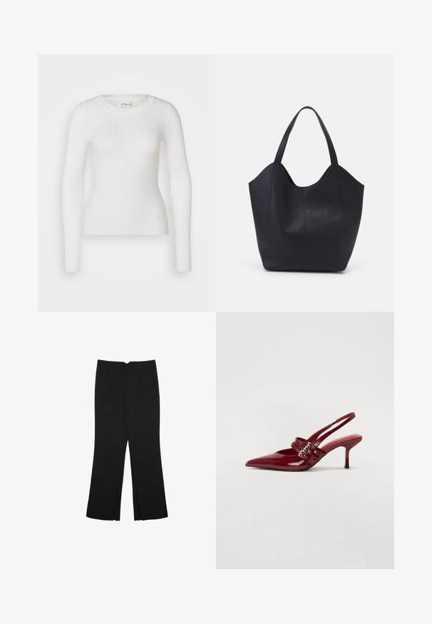 Top bianco a maniche lunghe in maglia strutturata con scollatura rotonda. Il tessuto è liscio e presenta una sottile texture con un design aderente. Nessuna ferramenta o motivo visibile.; Pantaloni neri a gamba dritta, con tasche frontali e spacchi laterali all'orlo. Realizzati in tessuto morbido e liscio. Adatti a diverse occasioni.; Décolleté slingback in vernice rossa con punta affusolata, due cinturini con fibbia e un sottile tacco a stiletto di media altezza. Texture liscia.; Borsa tote nera realizzata in pelle liscia, con una parte superiore curva e aperta, dotata di due manici per spalla e un design minimalista.