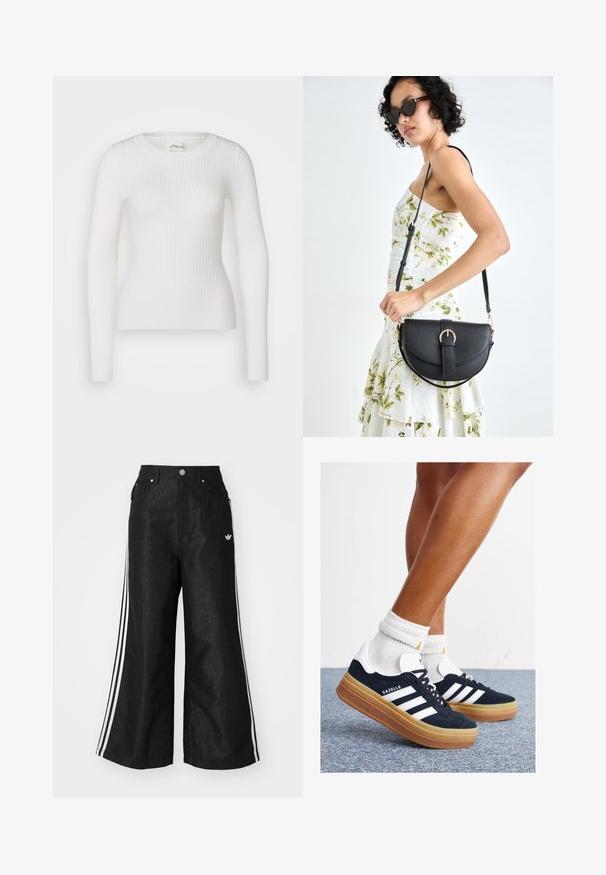 Witte lange mouwen geribbelde top met een ronde hals. De stof is soepel, met een subtiele textuur en een aansluitend ontwerp. Geen zichtbare hardware of patronen.; Zwarte denim broek met wijde pijpen, voorzien van drie witte strepen aan elke zijkant en een klein wit logo. Heeft voorzakken en een knoopsluiting.; Zwarte suède sneakers met witte strepen en accenten, ronde neus, gum rubberen buitenzool, gecombineerd met witte geribbelde crewkousen.; Zwarte leren handtas met een gebogen vorm, afneembare schouderband en gouden hardware. De tas heeft een klep met een gespsluiting.