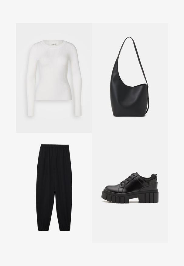 Bela dolgimi rokavi ribasta majica z okroglim izrezom. Tkanina je gladka, z nevsiljivo teksturo in prilegajočim krojem. Ni vidne opreme ali vzorcev.; Črne, lahke hlače z elastičnim pasom in nabranimi gležnji. Tkanina je gladka in ima sproščen, taperiran dizajn.; Črne usnjene platforme z debelim blokastim petam, okroglo konico in klasičnim vezanjem. Imajo gladko teksturo in minimalne podrobnosti.; Črna usnjena hobo torba z gladko teksturo, ukrivljeno obliko in eno nastavljivo naramnico; ima širok odprtina na vrhu.