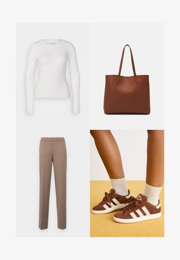Top bianco a maniche lunghe in maglia strutturata con scollatura rotonda. Il tessuto è liscio e presenta una sottile texture con un design aderente. Nessuna ferramenta o motivo visibile.; Pantaloni marroni aderenti realizzati in un tessuto liscio e elasticizzato. Leggings dritti e una vita piatta senza hardware o tasche visibili.; Sneaker in suede marrone con strisce bianche, lacci e logo a contrasto, pannelli testurizzati e suole in gomma. Indossati con calzini bianchi a coste.; Borsa tote in pelle marrone con texture liscia, design con apertura superiore e due spallacci. Presenta cuciture minime e nessun hardware visibile.