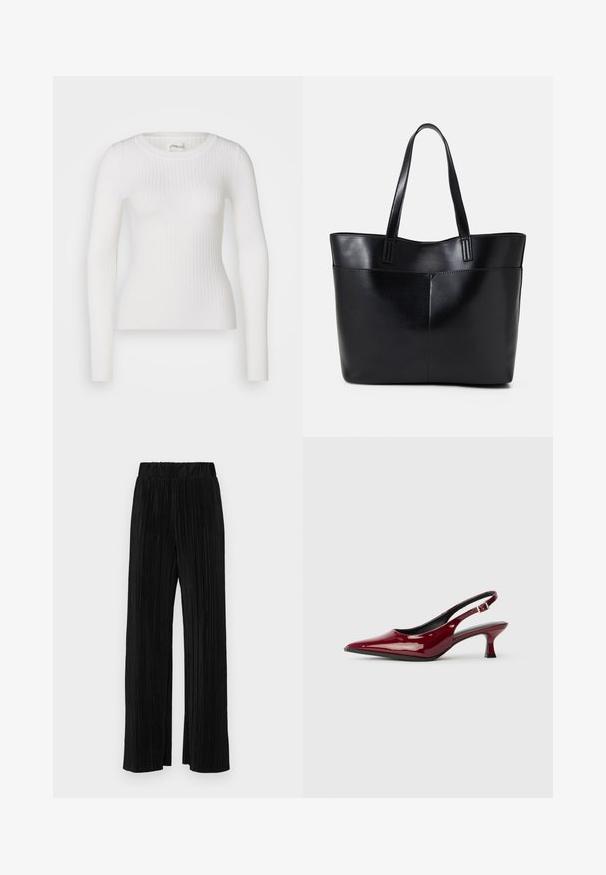 Camisola branca de manga longa canelada com decote redondo. O tecido é suave, apresentando uma textura subtil e um design ajustado. Sem hardware visível ou padrões.; Calças pregueadas pretas com uma cintura elástica. Apresentam pernas largas e um tecido liso, texturizado com riscas verticais.; Sapatos de salto slingback em couro patente bordô, com bico pontudo e um elegante salto stiletto. Design de costas abertas com detalhe de tira ajustável no tornozelo.; Bolsa tote preta em couro com duas alças longas, textura suave e forma estruturada. Apresenta um bolso frontal para armazenamento adicional.