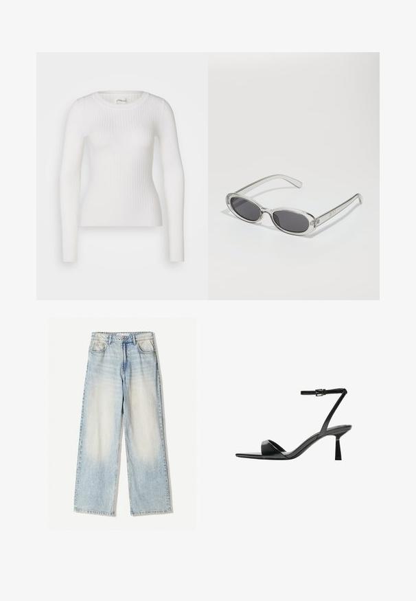 Top lung cu mâneci lungi, alb, cu decolteu rotund. Materialul este neted, având o textură subtilă și un design ajustat. Fără elemente metalice sau modele vizibile.; Pantaloni din denim de un albastru deschis, cu picior larg, având cinci buzunare, estompare subtilă și cusături vizibile pe marginile pantalonilor.; Bershka Sandale cu toc - black; Ochelari de soare cu formă ovală, ramă din plastic transparent, lentile gri închis și brațe subțiri transparente cu accente de logo și detalii minime.; Geantă de mână bleu deschis, cu o formă structurată, din piele netedă, două mânere și un logo de brand triunghiular pe față. Închidere cu fermoar.