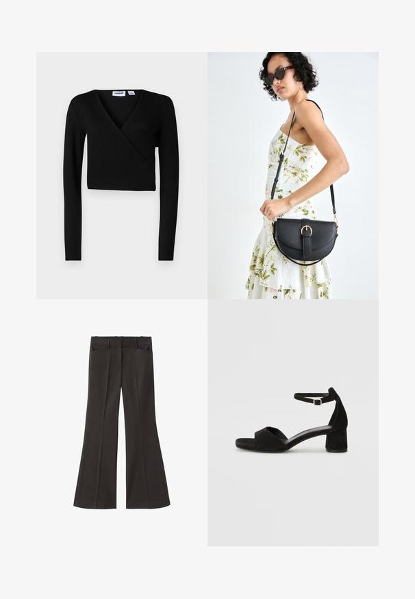 Černý zkrácený zavinovací top s dlouhými rukávy, měkkou texturou, designem ve tvaru V a minimálními detaily. Vhodný pro každodenní nošení nebo jako vrstvený kousek.; Černé rozšířené kalhoty s vysokým pasem; mají dvě přední kapsy a hladkou texturu látky. Vhodné pro různé příležitosti.; Černé sametové sandály na podpatku s tenkým řemínkem kolem kotníku, otevřenou špičkou a skromným blokovým podpatkem. Hladká textura a minimální akcenty.; Černá kožená kabelka s křivkovým tvarem, odnímatelným popruhem a zlatými detaily. Kabelka má klopu s přezkou.; Stříbrné kruhové náušnice s elegantním, kulatým designem, s hladkým povrchem a bez viditelných ozdob. Průměr není specifikován.