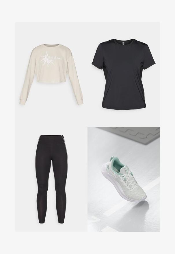 Béžový krátky sveter s dlhými rukávmi, na prednej strane s bielou grafikou slnka a textom "Stav mysle".; Čierne krátke tričko s krátkym rukávom vyrobené z hladkej, ľahkej tkaniny s okrúhlym výstrihom a voľným strihom. Bezšvová konštrukcia pre pohodlie.; Čierne legíny vyrobené z elastického materiálu s vysokým pásom. Obsahujú biele bočné pruhy a hladkú textúru po celom povrchu.; Svetlošedé športové topánky s štruktúrovaným pleteným zvrškom, mätozelenými akcentmi, bielymi šnúrkami, gumovou podrážkou a pútkom na päte.