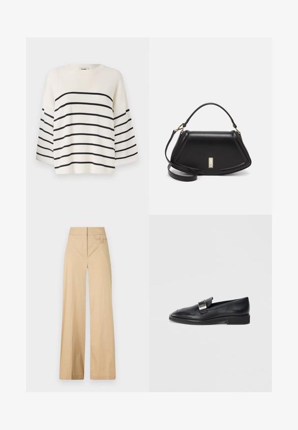 White pullover sweater with black horizontal stripes, featuring a ribbed texture, round neckline, and wide three-quarter sleeves.; Beige wide-leg pants made of cotton blend fabric. Features a smooth texture, elastic waistband, and a side button detail.; Black leather loafer with a silver rectangular buckle on the top and a low heel on a white background.; Black leather handbag with a structured design, featuring a cropped shape, top handle, and gold hardware accent. Adjustable shoulder strap included.