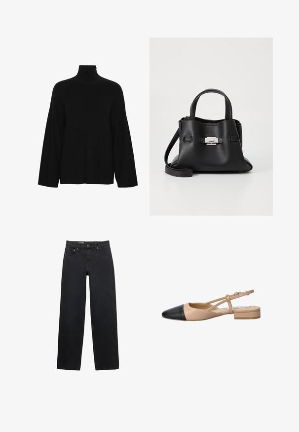 Fekete garbós pulóver bordás kötésű anyagból készült. Hosszú, széles ujjakkal és laza szabással rendelkezik, magas gallérral.; Fekete, bő szabású farmernadrág, öt zsebbel, gombos záródással, diszkrét varrással és egyenes szabással a derektól a szegélyig.; Beige és fekete, két tónusú, slingback cipő hegyes orral, lapos sarokkal és keresztbe fonott pánttal. Sima bőr textúra.; Fekete bőr kézitáska struktúrált felülettel, két felső fogantyúval, levehető vállpánttal és ezüst színű csattal.