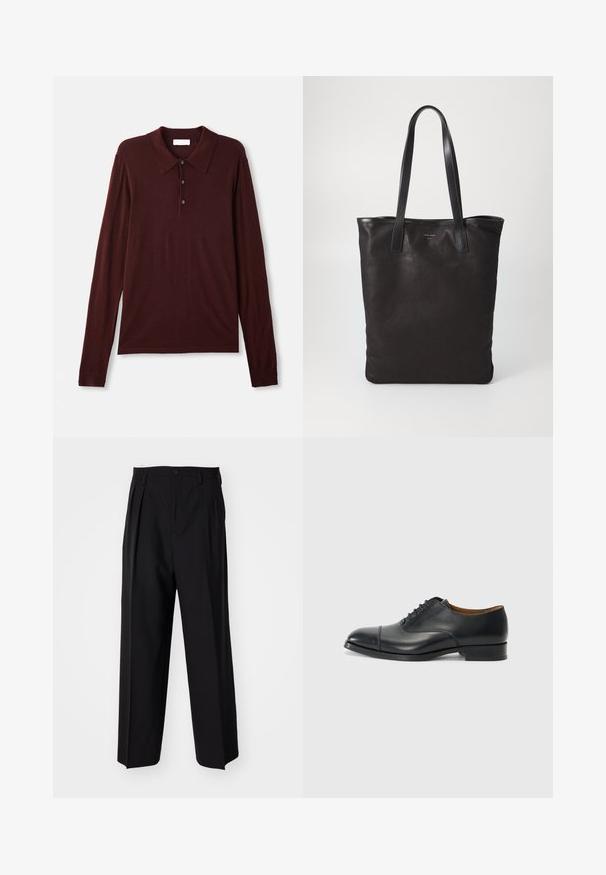 Pika-sleeve, sügava burgundi värvi polo särk pehmest kangast. Omab klassikalist krae, kolme nupuga nupuväärist ja sobivaid varrukaotsi.; Mustad volditud püksid sirge ja laia säärega disainiga. Valmistatud siledast kangast, millel on nuppudega sulgemine ja vööaasad.; Must have nahkkingak, sileda viimistluse, ümarate varvastega, viie silmaga paelte jaoks ja madala ploki kontsaga. Minimalistlik disain koos diskreetsete õmblustega.; Mustmust kott mustade nahkade käepidemetega. Lihtne disain, avar keha ja sile tekstuur. Pole nähtavaid logosid ega mustreid.