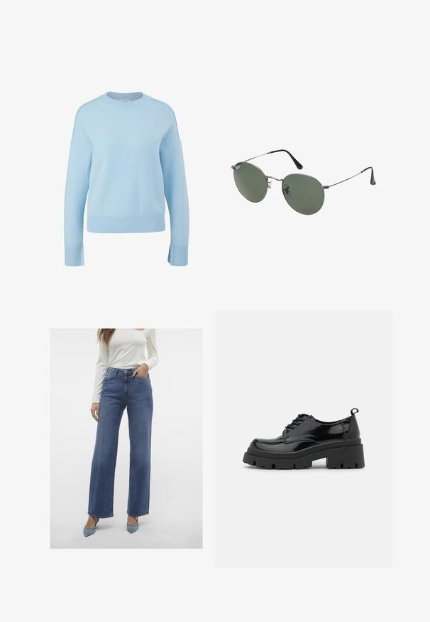 s.Oliver Strickpullover - arktisblau; Hellblaue, hoch taillierte, weit geschnittene Jeans mit einem Fünf-Taschen-Design, Knopfverschluss und Gürtelschlaufen, kombiniert mit einem eng anliegenden, weißen Langarmtop.; Schwarze Lacklederschuhe mit einer klobigen Plateau-Sohle und dicken Schnürsenkeln. Abgerundete Zehenpartie, minimale Details und eine kleine Fersenschlaufe auf der Rückseite.; Metallgestellte Sonnenbrille mit ovalen grünen Gläsern. Dünner silberner Metallrahmen und schwarze Ohrstücke. Minimalistisches Design, keine sichtbaren Logos.