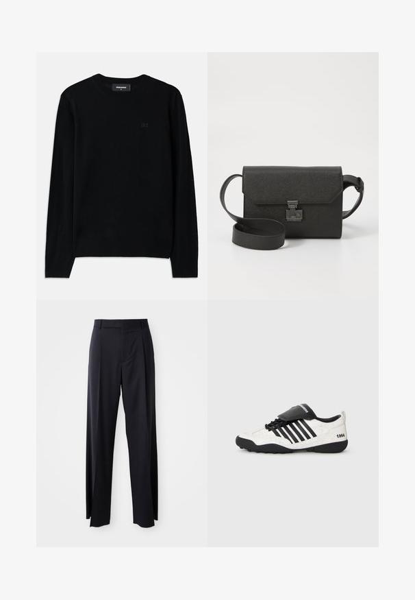 Črna pulover s krožnim izrezom, narejena iz mehkega materiala. Ima dolge rokave in subtilen detajl logotipa D2 spredaj. Preprost, klasičen dizajn.; Črne hlače visoke pasu s širokimi nogavicami, narejene iz gladkega blaga. Imajo sprednje gube in zanko za pas. Minimalističen dizajn, brez vidnih dodatkov.; Tenisice z belim razpokanem slojem, črnimi detajli, petimi horizontalnimi črtami in črnim oblazinjenim jezikom z oznako "1984". Črn gumijast podplat.; Črna usnjena torba čez ramo z teksturirano obdelavo, zapiranje s poklopcem, kovinsko okovje in usklajena nastavljiva trak.