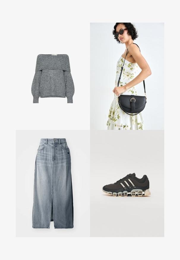 Szürke, vállra húzható pulóver, bordás textúrával, ballon ujjakkal és hajtott gallérral. Puha kötött anyag, laza fazon.; Világoskék farmer szoknya elöl hasítékkal, két zsebbel és logó részlettel. Magas derék és egyenes vonalvezetés jellemzi, tartós anyagból készült.; Fekete sportcipő texturált felsőrésszel, három ezüst csíkkal, és egy jellegzetes párnázott talppal, amely több integrált szakaszból áll.; Fekete bőrtáska ívelt formával, levehető pánttal és arany színű fémrészekkel. A táskán egy csattal díszített fedél található.