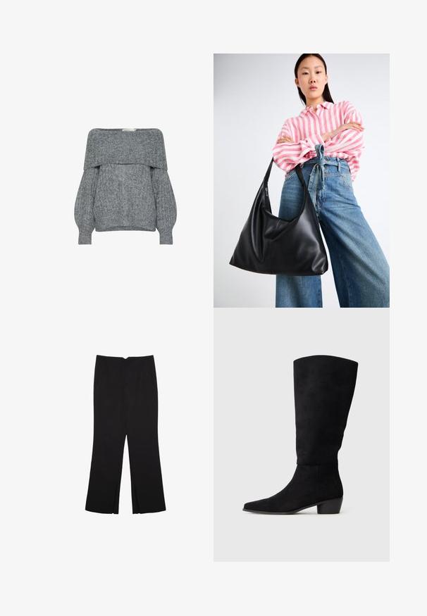 Grauer schulterfreier Pullover mit gerippter Textur, Ballonärmeln und einem gefalteten Kragen. Weiches Strickmaterial mit einem lässigen Design.; Schwarze Hose mit geradem Schnitt, ausgestattet mit Fronttaschen und Seitenschlitzen am Saum. Hergestellt aus weichem, glattem Stoff. Geeignet für verschiedene Anlässe.; Schwarze Wildlederkniehohe Stiefel mit niedrigem Blockabsatz und spitzem Schuh, seitlich dargestellt auf einem schlichten hellgrauen Hintergrund.; Schwarze Leder-Umhängetasche mit einer lässigen Form und Nahtdetails. Das Modell trägt ein pink-weiß gestreiftes Hemd zu weit geschnittenen blauen Jeans.