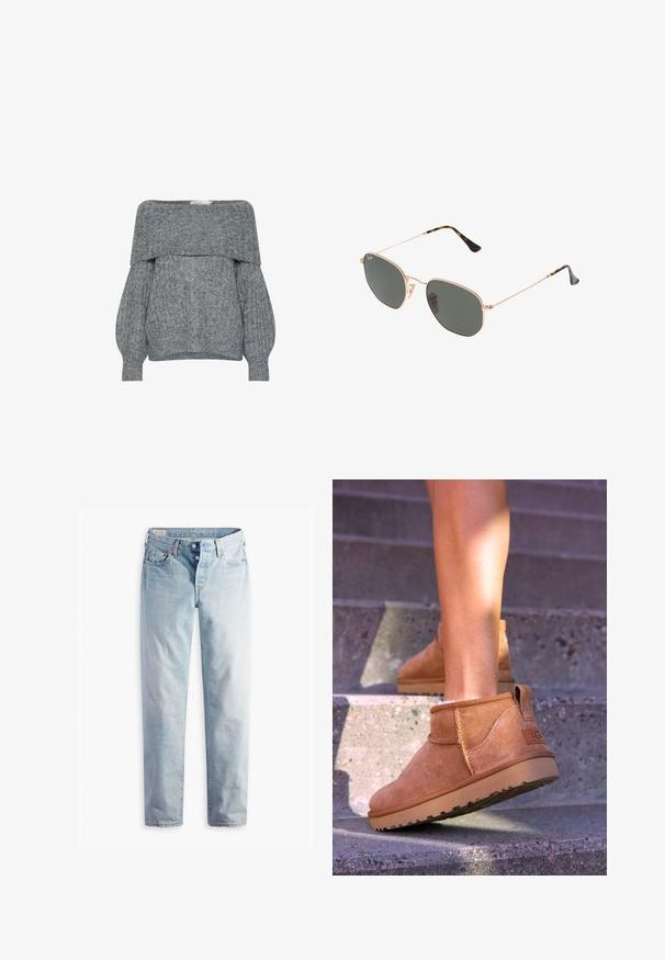 Harmaa olkapäiltä avonainen neule, jossa on ribbikoostumus, pallohiha ja taitettu kaulus. Pehmeä neulemateriaali, jossa on rento muotoilu.; Vaaleansiniset farkut, joissa on suora lahje, kaksi etutaskua ja kaksi takataskua. Mukana kaksi nappia kynnyksessä ja hienovarainen ompelu.; Kahdenruskeat mokkanahkaiset nilkkurit, joissa on pehmeä pinta, kirjailtua yksityiskohtaa ja kumipohja. Kengissä on myös kätevä lenkki kantapäässä, joka helpottaa pukemista.; Kultaa metallikehyksiset aurinkolasit tummanvihreillä linsseillä, pilottilaatuinen tyyli, jossa on kapeat varret ja kilpikonnakuosiset korostukset päissä.