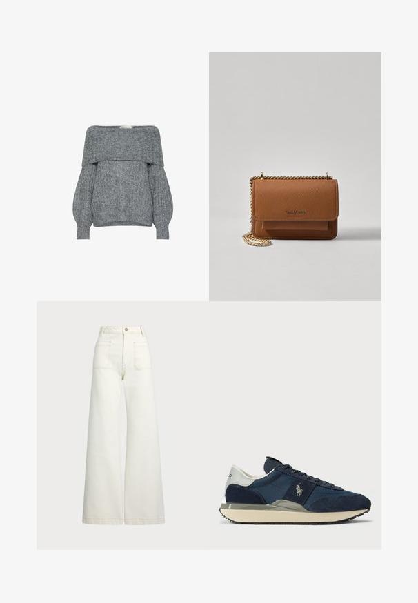 Grå off-shoulder tröja med ribbat mönster, ballongsärmar och viks krage. Mjuk stickad material med en avslappnad design.; Vida jeans i off-white denim. Hög midja med knappstängning, två framfickor och kontrastsömnadsdetaljer.; Marinblå mocka och mesh sneakers med en vit och grå häl, platta snören och en texturerad sula. Har en logotyp på sidan.; Brun texturerad läder crossbody-väska med guldkedja och klaffstängning. Framsidan har logotypdetalj och en ficka under klaffen.
