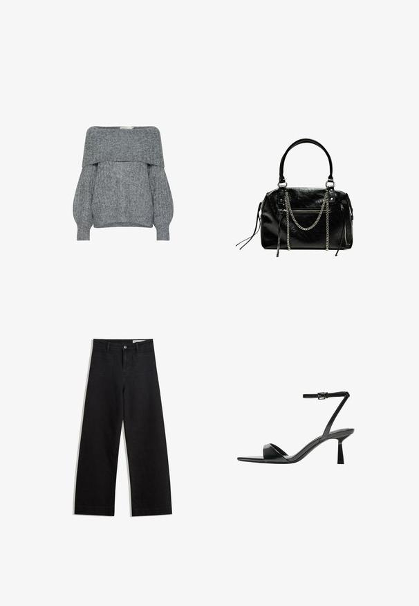 Pulover gri, cu umerii nemișcați, având o textură cu nervuri, mâneci tip balon și guler pliat. Material tricotat moale cu un design casual.; Pantaloni din denim negri cu picioare largi, cu talie înaltă, având buzunare frontale și posterioare, cusături dublate și închidere cu nasture. Textură netedă.; Bershka Sandale cu toc - black; Bershka WITH CHAIN - Geantă de mână - black