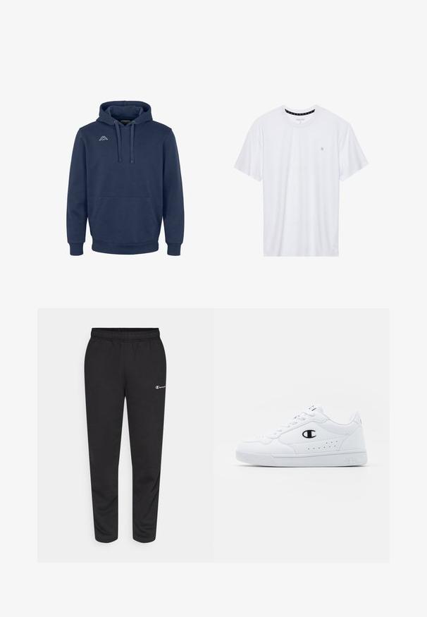 Marineblaues Hoodie aus weichem Stoff, mit einer Fronttasche, Kordelzugkapuze und weißem Logo auf der Brust. Standard Passform.; Weißes Crewneck-T-Shirt aus Baumwolle, mit kurzen Ärmeln und einem kleinen, auf der linken Brustseite gestickten Logo. Weiche Textur.; Schwarze Sweatpants aus Baumwollmischung, mit elastischem Bund und einem kleinen weißen Logo auf der linken Seite. Schmal zulaufendes Bein.; Weißes sportliches Sneakerpaar mit glattem, synthetischen Obermaterial, schwarzem Logo-Akzent und perforierten Details an der Seite. Gummisohle.