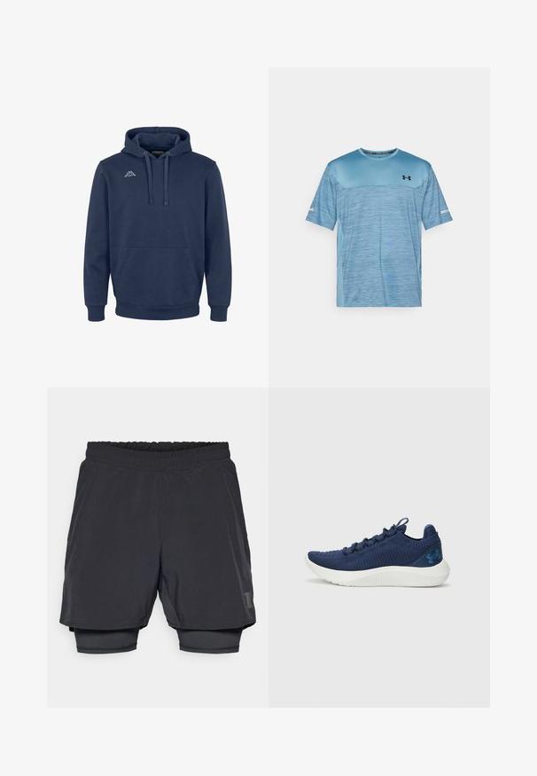 Hanorac bleu marin din țesătură moale, cu buzunar frontal, glugă cu șnur și logo alb pe piept. Design standard.; Tricou sport de culoare albastru deschis, cu mânecă scurtă, marca Under Armour, având un panou superior de culoare mai închisă pe piept și un logo mic, negru, pe partea stângă a pieptului.; Pantaloni scurți atletici negri, cu talie elastică, design în straturi și căptușeală interioară ajustată. Prezintă un logo subtil pe partea inferioară.; Pantofii de sport pentru alergare de culoare bleumarin, cu un superior din țesătură texturată, talpă intermediară albă și un accent cu logo. Au un profil redus și un design cu șireturi.