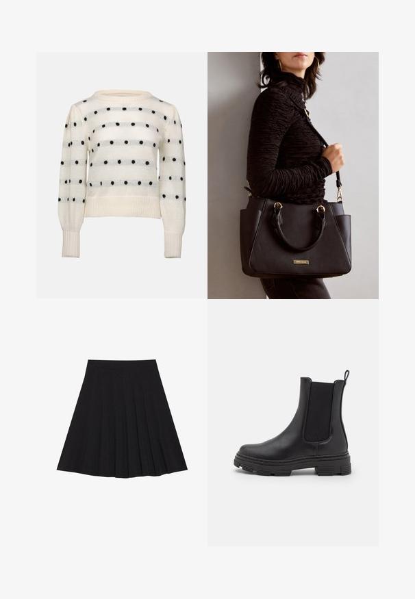White knitted sweater featuring horizontal stripes and black polka dots. Round neck, long sleeves, ribbed cuffs and hem. Soft texture.; Black pleated skirt made of textured fabric with a fitted waistband. Falls to knee length, featuring a smooth, clean silhouette.; Black leather ankle boot with elastic side panels, rounded toe, and textured rubber sole. Features a loop at the back for easy wear.; Black handbag with textured surface, dual top handles, and adjustable shoulder strap. Features gold-tone hardware and side pockets.