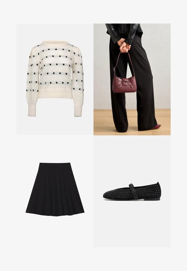 Weißer Strickpullover mit horizontalen Streifen und schwarzen Punkten. Runder Ausschnitt, lange Ärmel, gerippte Bündchen und Saum. Weicher Stoff.; Schwarzer, plissierter Rock aus strukturiertem Stoff mit einem taillierten Bund. Fällt knielang und hat eine glatte, klare Silhouette.; Schwarze flache Schuhe mit einer spitzen Zehe, verziert mit schwarzen Nieten auf dem Obermaterial, ausgestattet mit einem gerafften Riemen über dem Rist. Gummisohle.; Burgunderfarbene Ledertasche mit einer Schleifen-Applikation, ausgestattet mit einem schmalen Trageriemen und goldfarbenen Beschlägen, gehalten von einer Person, die schwarze Hosen trägt.