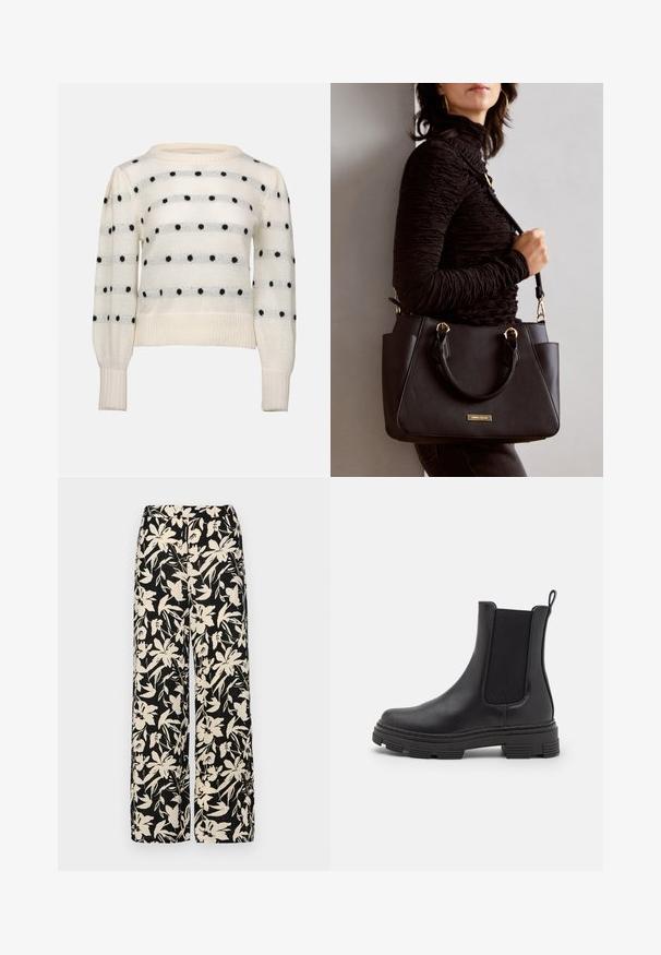 White knitted sweater featuring horizontal stripes and black polka dots. Round neck, long sleeves, ribbed cuffs and hem. Soft texture.; Black wide-leg pants with a cream floral pattern. Made of lightweight fabric, featuring a smooth texture and a high waistband.; Black leather ankle boot with elastic side panels, rounded toe, and textured rubber sole. Features a loop at the back for easy wear.; Black handbag with textured surface, dual top handles, and adjustable shoulder strap. Features gold-tone hardware and side pockets.