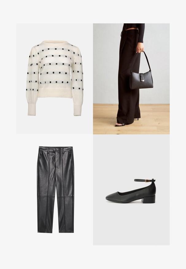 Baltas megztinis su horizontaliomis juostelėmis ir juodais taškeliais. Apvalus kaklas, ilgomis rankovėmis, raukšlėtos rankogaliai ir apačia. Minkšta tekstūra.; Juodos odinės kelnės su lygiu tekstūru, tiesaus kirpimo, dviem priekinėmis kišenėmis ir matomomis siūlėmis.; Juodas odinis aukštakulnis batelis su smailiu pirštu ir žemu bloku. Su kulkšnies dirželiu su auksinės spalvos sagtimi. Lygus paviršius.; Juodas rankinė struktūrizuota forma, lygi tekstūra ir metalinis užsegimas. Suporuota su plačiomis juodomis kelnėmis ir atvirais bateliais ant medinių grindų.