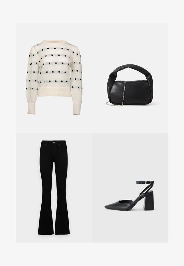 Weißer Strickpullover mit horizontalen Streifen und schwarzen Punkten. Runder Ausschnitt, lange Ärmel, gerippte Bündchen und Saum. Weicher Stoff.; Schwarze hochtaillierte Jeans mit einem Knopf- und Reißverschluss, Fronttaschen und ausgestellten Beinen, flach auf einem weißen Hintergrund ausgelegt.; Schwarze Leder-Pumps mit spitzer Zehe, einem Knöchelriemen und einem blockigen Absatz. Flache Textur, elegantes Design und minimalistische Ästhetik.; Schwarze Lederhandtasche mit runder Form, dickem Griff und einem silbernen Kettenriemen. Glatte Textur mit leichtem Glanz.