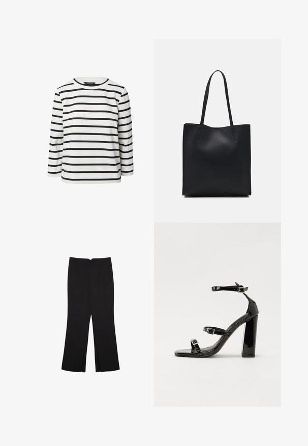 Biały longsleeve z poziomymi czarnymi paskami, wykonany z miękkiego materiału. Posiada okrągły dekolt i luźny krój. Brak widocznych zapięć.; Czarne spodnie o prostym kroju, z przednimi kieszeniami i bocznymi rozcięciami na dole. Wykonane z miękkiego, gładkiego materiału. Odpowiednie na różne okazje.; Czarne lakierowane sandały na obcasie z kwadratowym noskiem, z paskami wokół kostki i srebrnymi klamrami. Posiadają masywny słupek dla stabilności.; Czarna skórzana torba tote o gładkiej fakturze, prostokątnym kształcie i dwóch długich uchwytach. Brak widocznych elementów metalowych i ozdób.