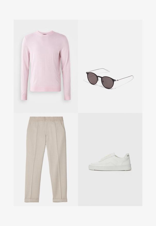 Gaiši rozā džemperis, izgatavots no mīksta adīta materiāla, ar apaļu kakla izgriezumu, garām piedurknēm un ribotiem apročām un apakšmalu. Gluda tekstūra, bez rakstiem.; Filippa K TERRY CROPPED TROUSERS - Auduma bikses - sage melange; Baltas ādas sneakers ar gludu virsmu, apaļu pirkstu daļu, plakaniem šņorēm un teksturētu zoli. Satur diskrētu logotipu uz papēža.; Melni apaļi saulesbrilles ar tumšiem lēca un plānām metāla stangām. Iekļautas caurspīdīgas tempļu galviņas un sudraba akcenti pie eņģes. Minimalistisks dizains.