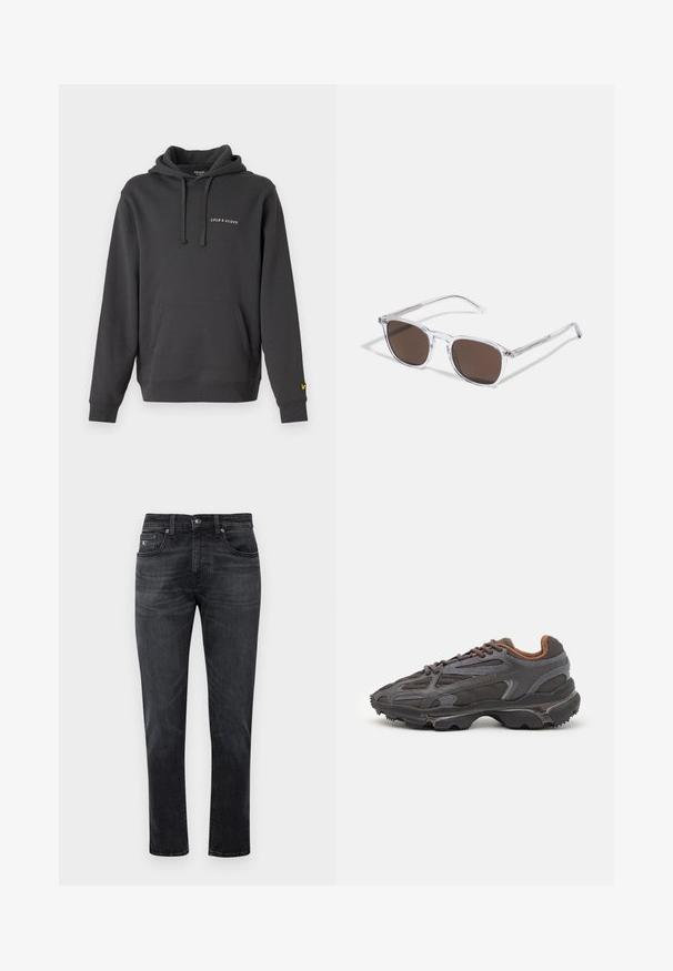 Felpa con cappuccio grigio scuro realizzata in tessuto morbido, con tasca frontale, cappuccio con cordino e piccolo logo ricamato sul petto.; Jeans in denim nero con taglio dritto, caratterizzati da un design a cinque tasche e una chiusura con cerniera. Leggere sfumature e dettagli di cucitura sulle tasche.; Sneaker Lacoste grigie scure in materiale mesh e sintetico, con suola testurizzata e dettagli marroni sul colletto e sul branding.; Occhiali da sole trasparenti in plastica con lenti rettangolari marroni, dotati di sottili aste trasparenti e dettagli in metallo sulle tempie.