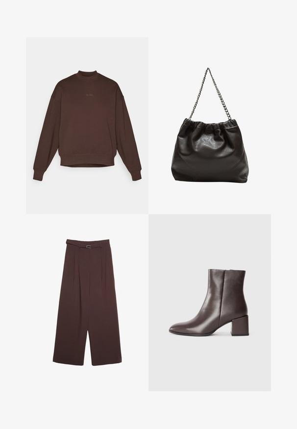 Hnědá mikina s vysokým límcem, spadlými rameny a dlouhými rukávy. Obsahuje decentně vyšitý logo "BORG" ve sladěné barvě.; Stradivarius WIDE-LEG WITH BUCKLE DETAIL - Kalhoty - dark brown; Hnědé kožené kotníkové boty s elegantním designem, špičatou špičkou a čtvercovým blokovým podpatkem. Hladká textura a minimalistická silueta.; Hnědá kožená taška se sbíraným vrškem a řetízkovým popruhem. Hladký povrch s lesklým finišem a jemným švem na bocích.