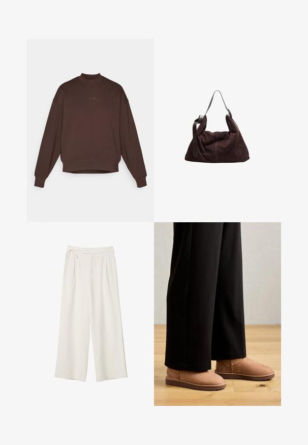 Hnedá mikina s vysokým golierom, spustenými ramenami a dlhými rukávmi. Obsahuje jemne vyšívané logo "BORG" v zodpovedajúcej farbe.; Dlhé nohavice v off-white materiáli s hladkou textúrou. Obsahujú viazaný pás a plisovaný predok, navrhnuté pre voľný strih.; Hnedé semišové členkové čižmy s plochou gumovou podrážkou, zaoblenou špičkou a minimálnym šitím, nosené s čiernymi širokými nohavicami na drevenej podlahe.; Tmavohnedá semišová hobo taška cez rameno so širokým nastaviteľným koženým popruhom a mäkkým, voľne visiacim telom na bielom pozadí.