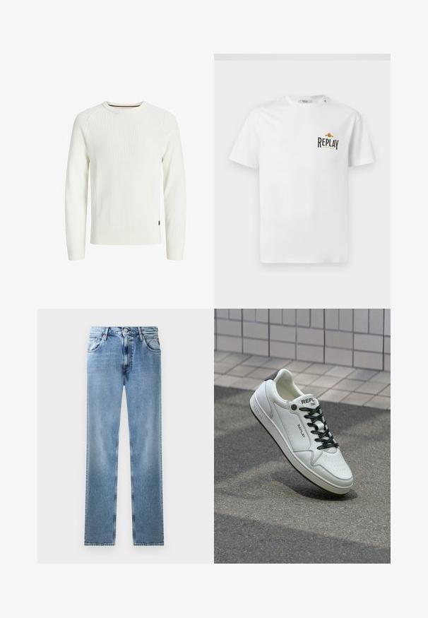 Baltas raukšlėtas megztinis su ilgomis rankovėmis, apvalia iškirpte ir mažu logotipo etiketė šone. Faktūrinė medžiaga suteikia vizualinį interesą.; Balta medvilnės marškinėlių su trumpomis rankovėmis, ant kairiojo krūtinės puikuojasi juodas ir auksinis "REPLAY GRAND HOTEL" logotipas. Paprastas dizainas, reguliaraus kirpimo.; Šviesiai mėlyni džinsai su tiesiais klešniais, kišenėmis, vario kniedėmis ir sagčių uždarymu. Savybės: nudilęs dizainas ir švarus apdaila.; Balti odinės sportbačiai su perforuotu pirštu, juodais raišteliais ir kulno akcentu. Savybės: "REPLAY" ženklas ir tvirta gumos padas.