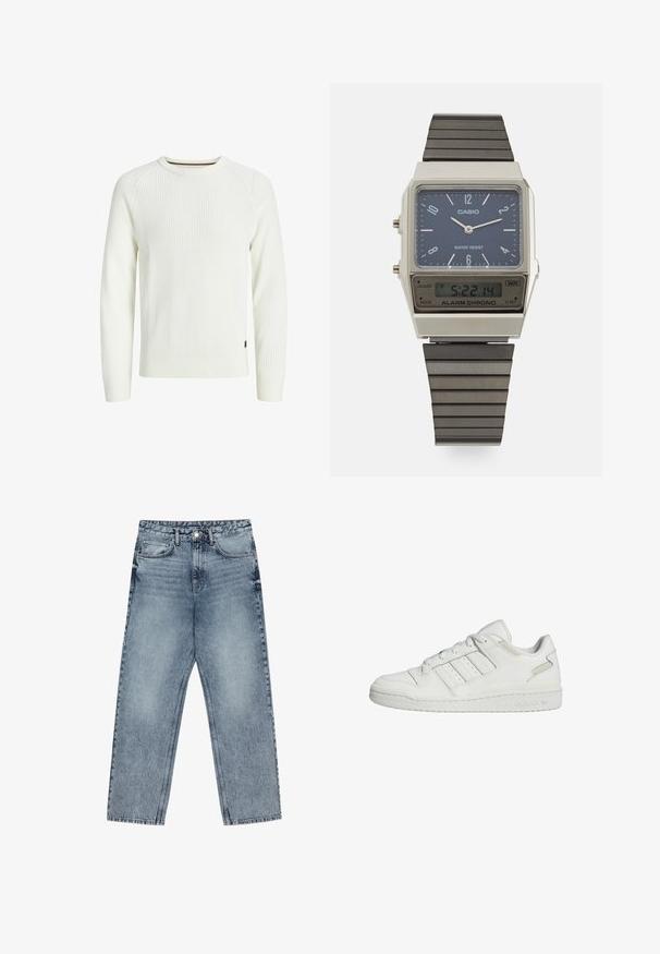 Weißer gerippter Strickpullover mit langen Ärmeln, rundem Ausschnitt und einem kleinen Logofähnchen an der Seite. Strukturierter Stoff sorgt für visuelles Interesse.; Hellblaue Jeans aus Denim mit geradem Schnitt, sichtbaren Nähten, fünf Taschen-Design und einem Knopfverschluss an der Taille.; Weiße Adidas Low-Top-Sneaker mit drei Streifen an der Seite, Schnürverschluss und gepolsterter Sohle.; Casio Digitaluhr mit blauem Zifferblatt, silbernem Gehäuse und geschichtetem schwarzen Gummiband. Zeigt Uhrzeit und Alarm Einstellungen an. Wasserdicht.
